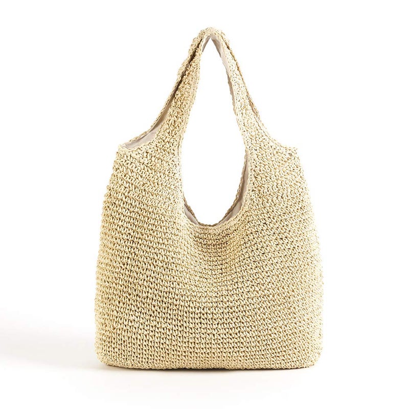 QTKJ Hand-woven Soft Large Straw Shoulder Bag Boho Straw Handle Tote Retro Summer Beach Bag Rattan Handbag (Beige) - Image 1